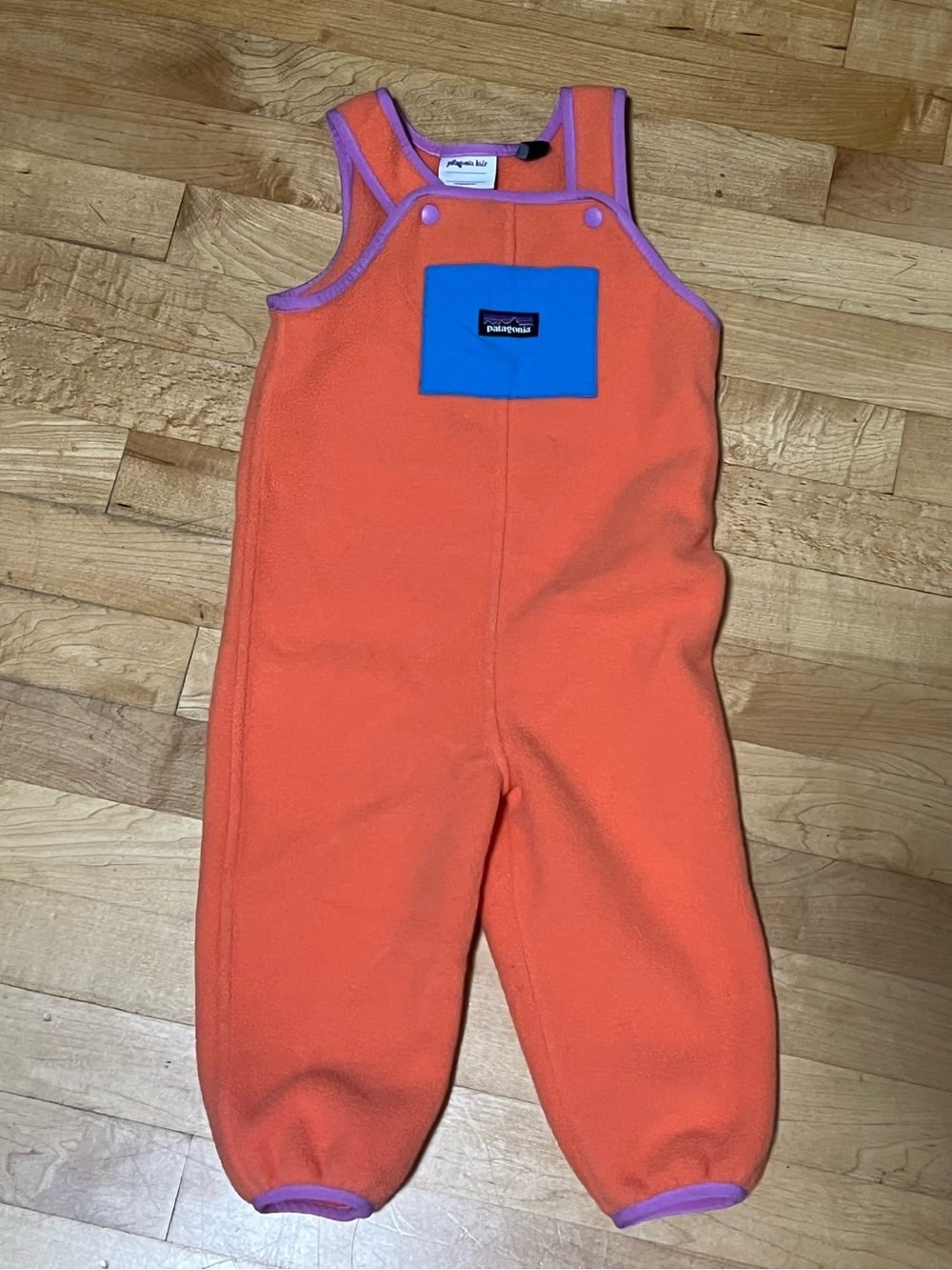 Patagonia Kids Orange Fleece Overalls with Blue Pocket 2T